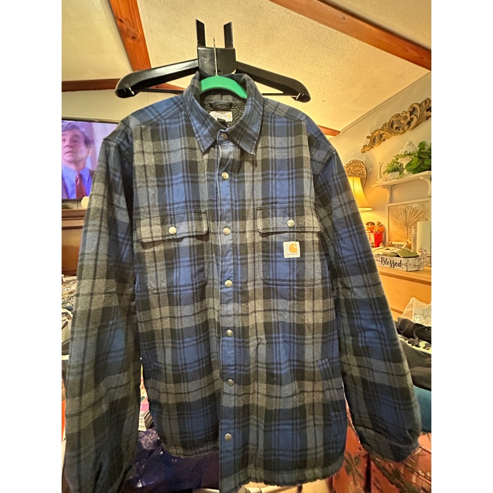 Carhartt Hubbard Sherpa Lined Flannel Shirt Jacket Mens XL Blue Plaid Heavy